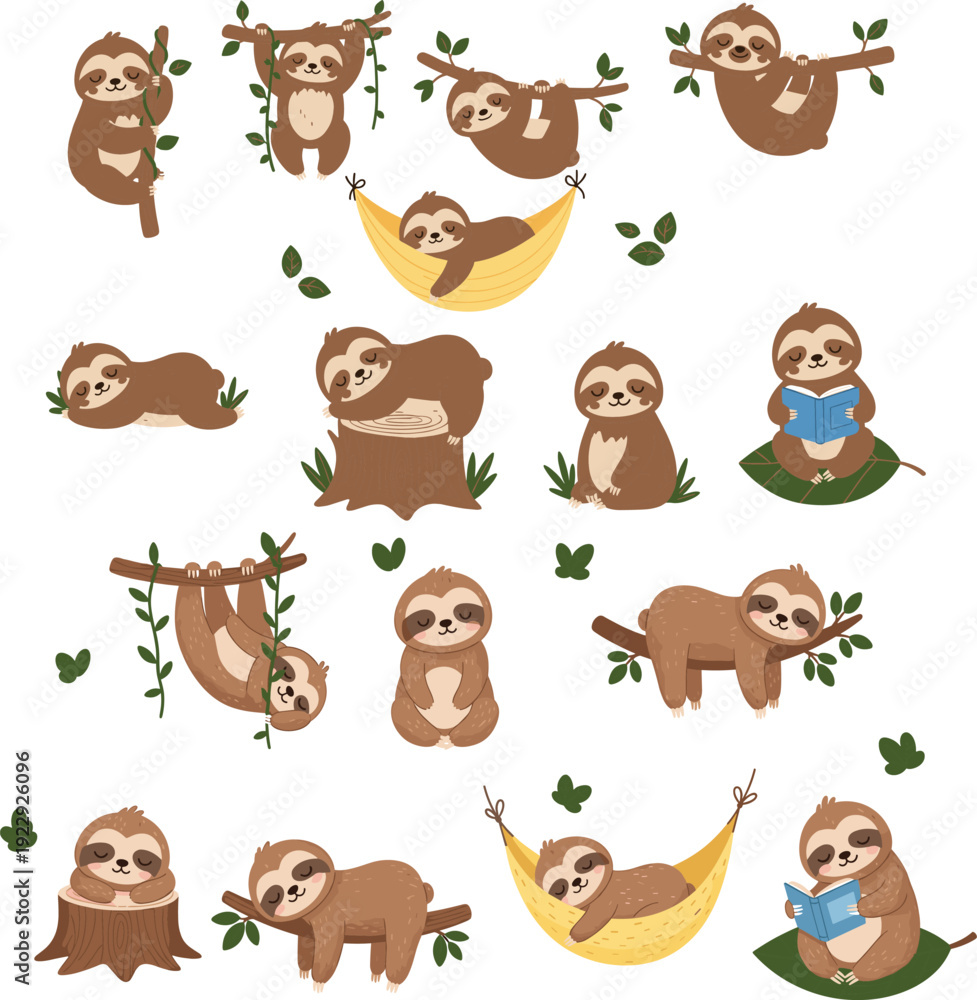 Fototapeta premium Cartoon sloth illustrations collection with playful poses, hanging, reading, relaxing, hammock, climbing, sitting, cute animal artwork design