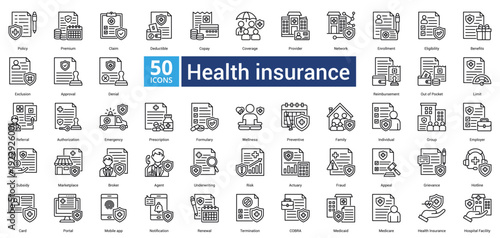 Health Insurance icon set in outline style contains 50 icons including marketplace, broker, agent, underwriting, risk, actuary and fraud icon