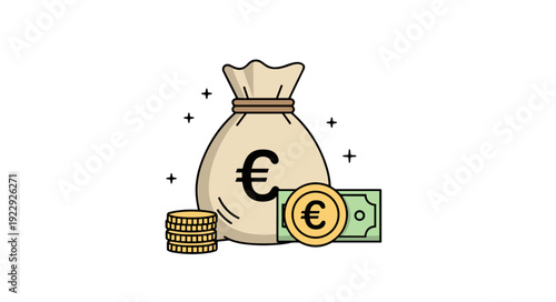 Money Bag With Euro Symbol Coins And Banknote
