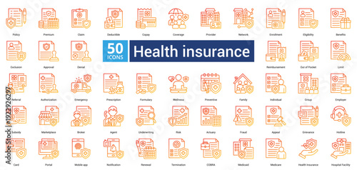 Health Insurance icon set in outline gradient style contains 50 icons including appeal, grievance, hotline, card, portal, mobile app and notification icon
