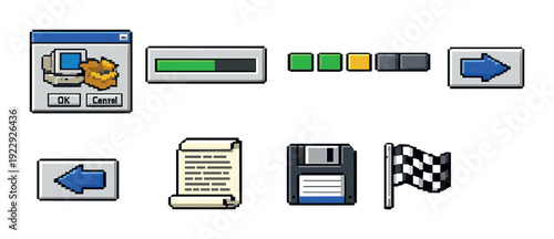 Classic ui icons showing progress and controls on gray background