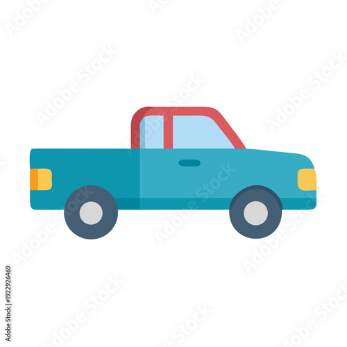 Flat illustration of a blue pick up truck on a black background.