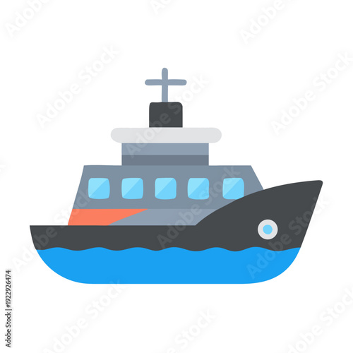 Cartoon illustration of a passenger ship sailing on blue water against black backdrop