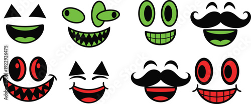 Cartoon face silhouettes collection with exaggerated eyes, mouths, mustaches, colorful expressions, playful character artwork design for illustration