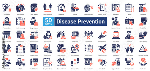 Disease Prevention icon set in mixed dual color style contains 50 icons including outbreak control, distance marker, virus block, hygiene practice, sanitary condition and health care icon