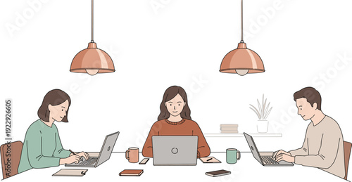 People working on laptops in coworking space, collaborative office environment, modern workspace, remote team project, cartoon vector scene, productivity, communication, teamwork, technology