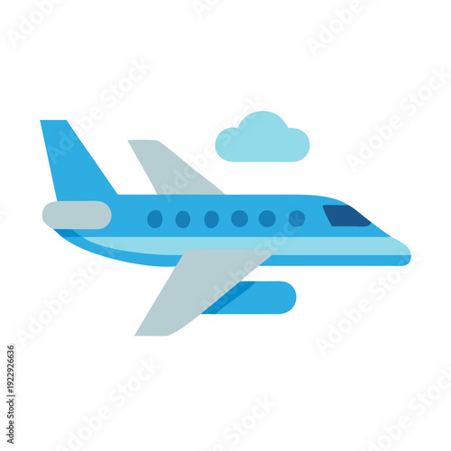 Stylized jet airplane icon flying with a small cloud in clear blue sky