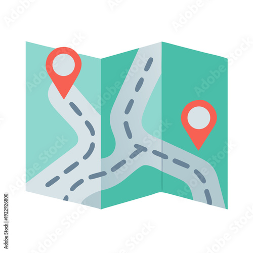 Folded Map with Location Pins and Roads Represented in a Flat Style