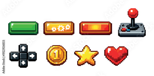 Pixel game controls and collectibles arranged on gray background