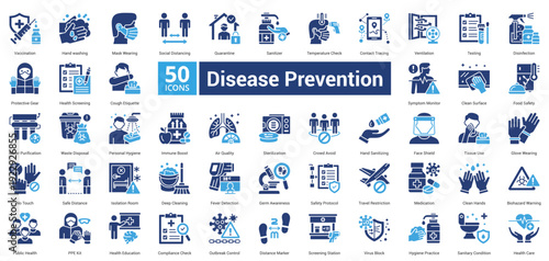 Disease Prevention icon set in two color style contains 50 icons including vaccination, sanitizer, disinfection, protective gear, personal hygiene, sterilization and public health icon