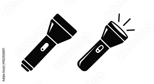 Black and white illustration of two flashlights one emitting light