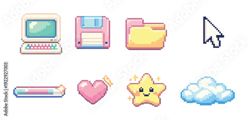 Pixel computer icons with heart star and cloud on dark background