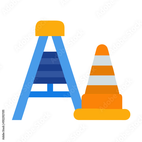 Ladder and safety cone in flat style illustration against a black background