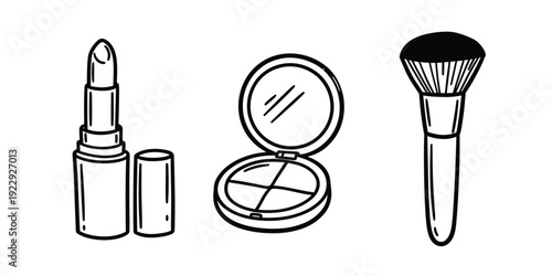 Makeup brush lipstick and compact powder  beauty products for daily skincare routine