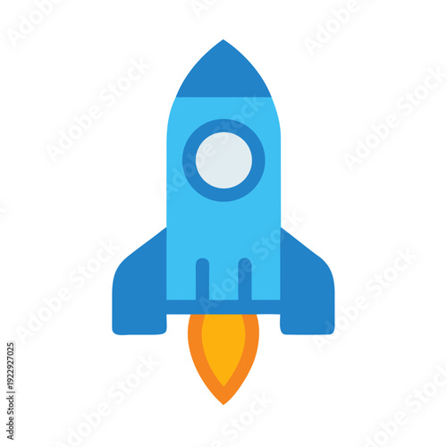 Illustration of a simple blue rocket launching upwards on a black background