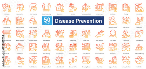 Disease Prevention icon set in outline gradient style contains 50 icons including medication, biohazard warning, public health, ppe kit, health education and compliance check icon