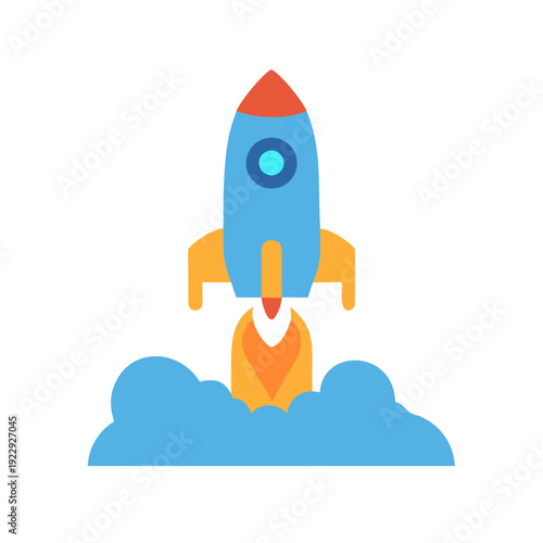 Cartoon rocket ship launching with clouds of smoke against a black background