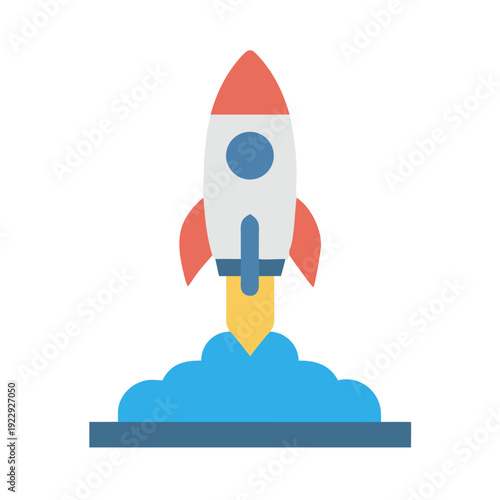 Flat icon style illustration of a rocket launch with blue smoke on black
