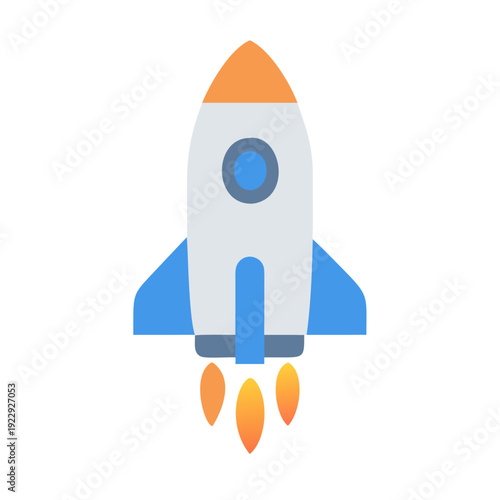 Cartoon rocket ship flying upwards against a black background ready for launch