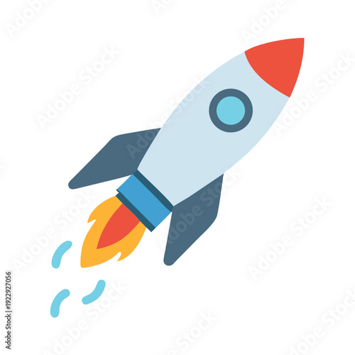 Cartoon rocket ship blasting off into space on a black background