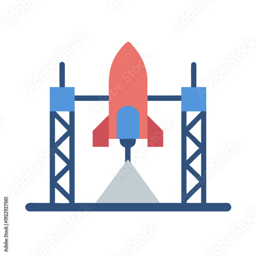 A stylized image of a rocket on a launchpad against a black background