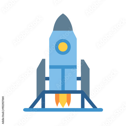 Stylized blue rocket launching with orange flames on a black background