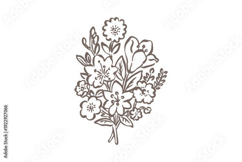 A beautiful bouquet of flowers with leaves and stems drawn in a simple line style