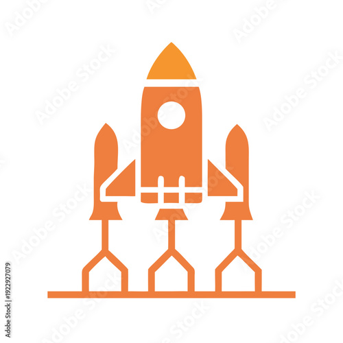 Flat orange vector illustration of a rocket launching against a black background