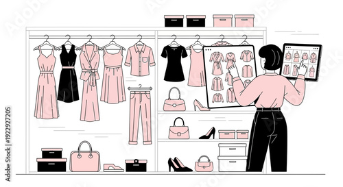 Woman Organizing Wardrobe on Tablet, Fashion Clothing Collection, Digital Closet