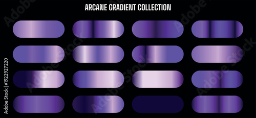 Arcane gradient collection featuring sixteen unique purple and violet metallic swatches on black.