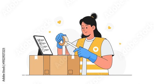 Woman Packing Boxes with Tablet Checklist, E-commerce Shipping and Logistics
