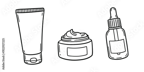 Skincare products line drawing  cosmetic tube cream jar serum bottle  beauty routine