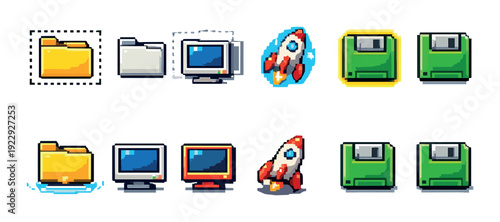 Colorful pixel icons of folders monitors rockets and disks