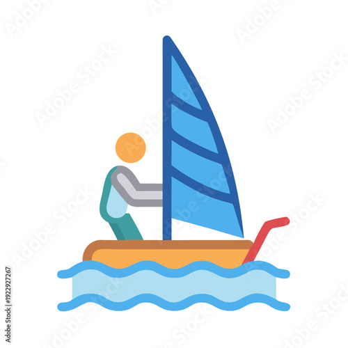 Flat style illustration of person windsurfing on blue waves with black background