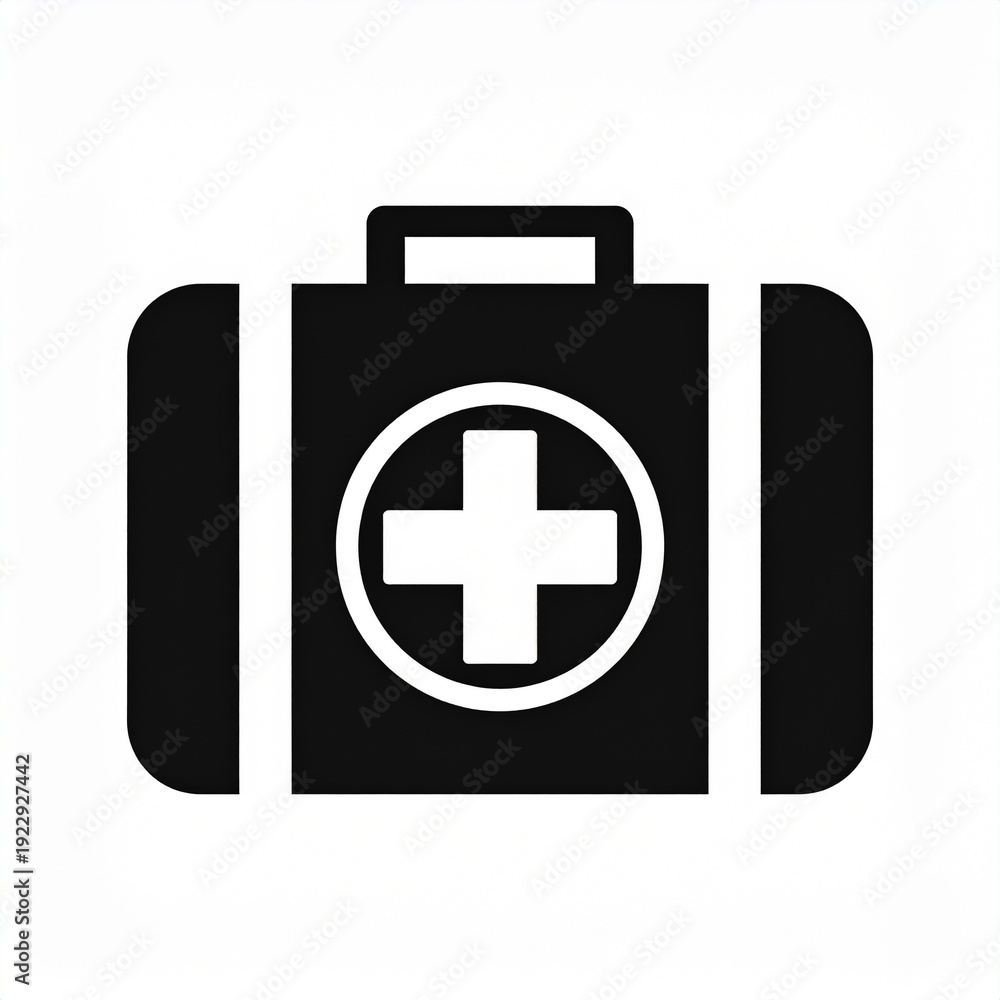 Fototapeta premium Medical first aid kit bag with red cross symbol on black background isolated