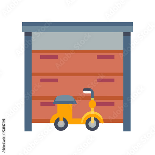 Retro scooter parked inside a garage with a partially open door illustration