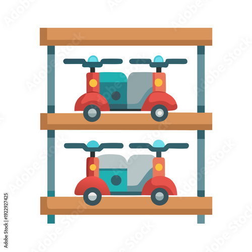 Vector illustration of retro scooters parked in a shelving unit on black background