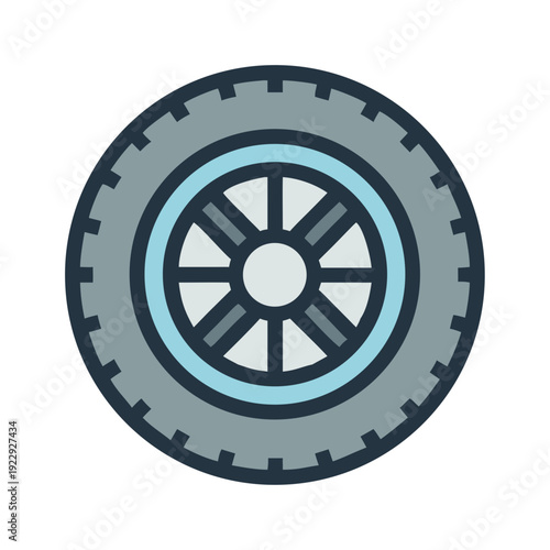 Stylized automotive tire icon with tread pattern and light blue rim design