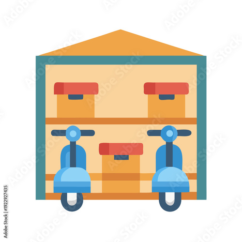 Flat illustration of a storage with motorbikes and boxes on shelves