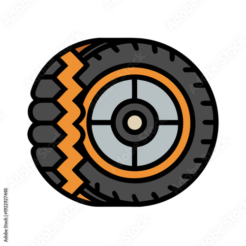 Isolated flat illustration of a car tire with orange zig-zag chains around it