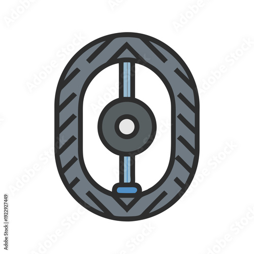 Stylized gray elliptical tire icon with center hub on a black background