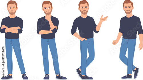 Casual young man character set with various poses and gestures, bearded male in dark shirt and jeans, full body flat vector illustration
