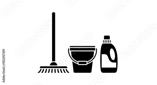 Cleaning Supplies Icon Set Mop Bucket and Detergent Bottle