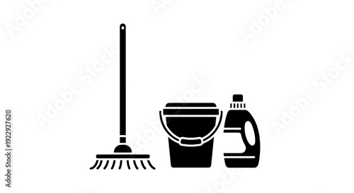 Cleaning Tools Mop Bucket and Detergent Bottle Icon