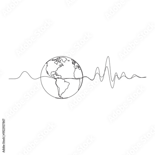 Single line drawing of Earth with seismic waves representing global impact