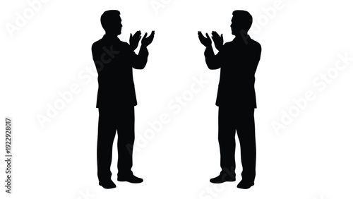 Two silhouetted figures facing each other both clapping with hands raised