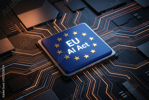 EU AI Act text on microchip with European stars and glowing circuits. Concept of technology regulation and digital policy.