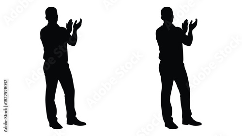 Silhouettes of two men clapping facing forward on a white background