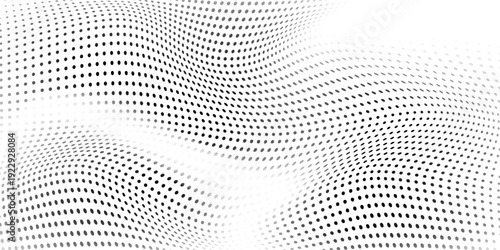Abstract wavy black particle halftone. Simple white background. White mesh presentation design