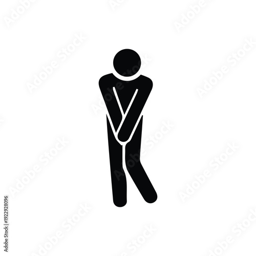 Black silhouette of a man holding his groin in a discomfort or urgent need pose, representing a restroom need icon.